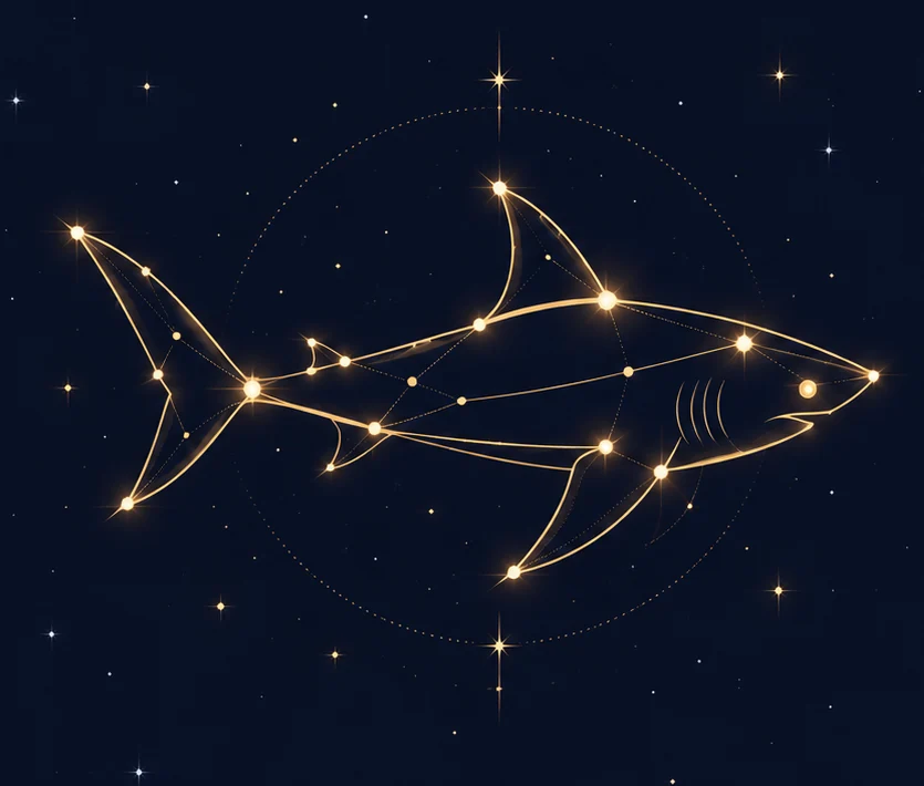 Tiburón formado por estrellas doradas, inspirado en el universo MaximuShark
