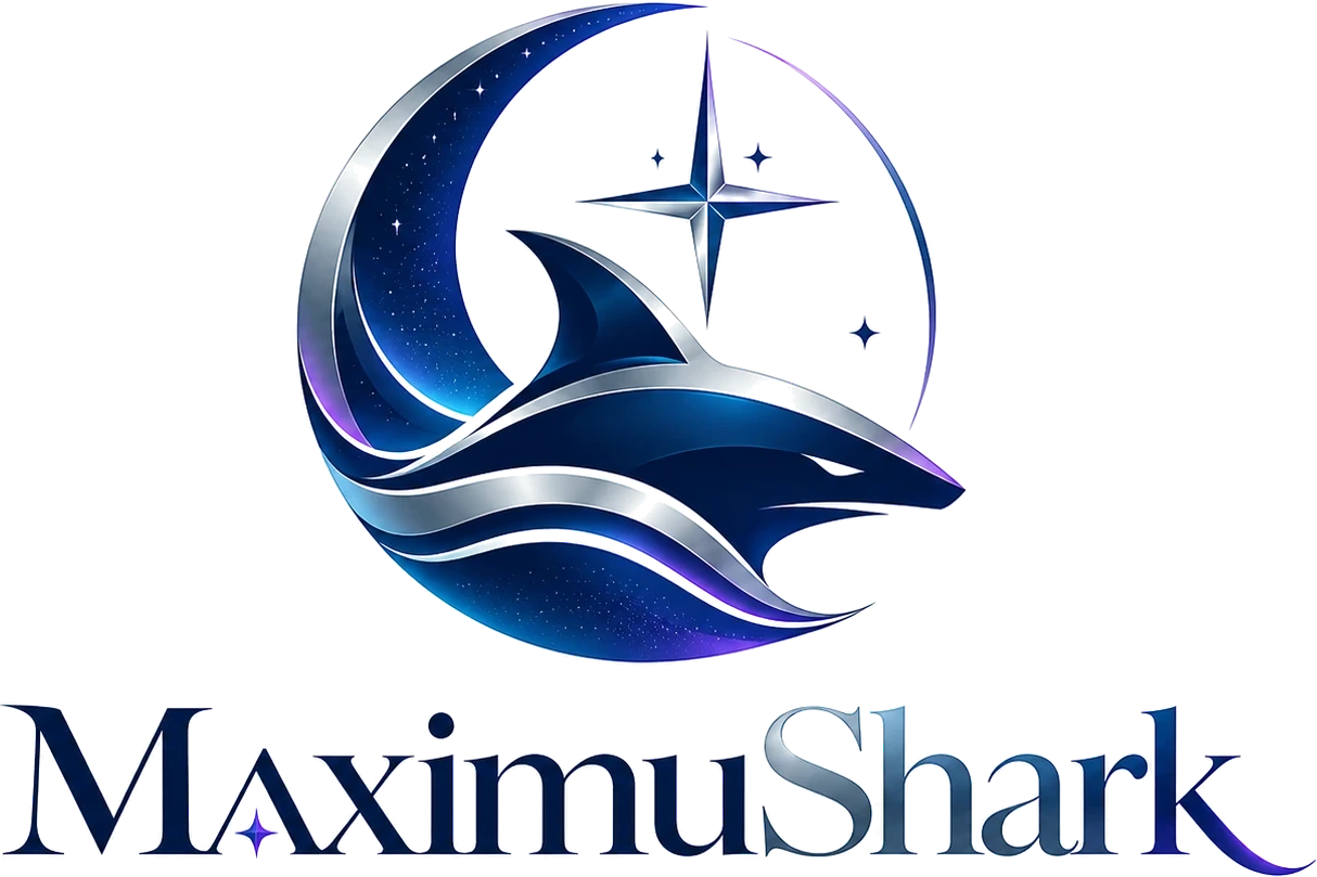 Logotipo MaximuShark: tiburón azul y plata integrado con una luna creciente, estrellas y el nombre MaximuShark